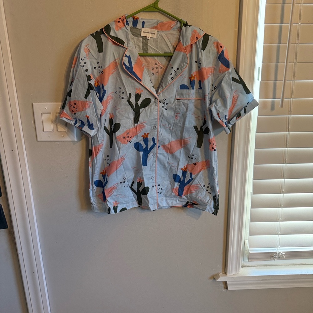 Women's Cactus Print Pajama Top and Shorts - Blue and Pink